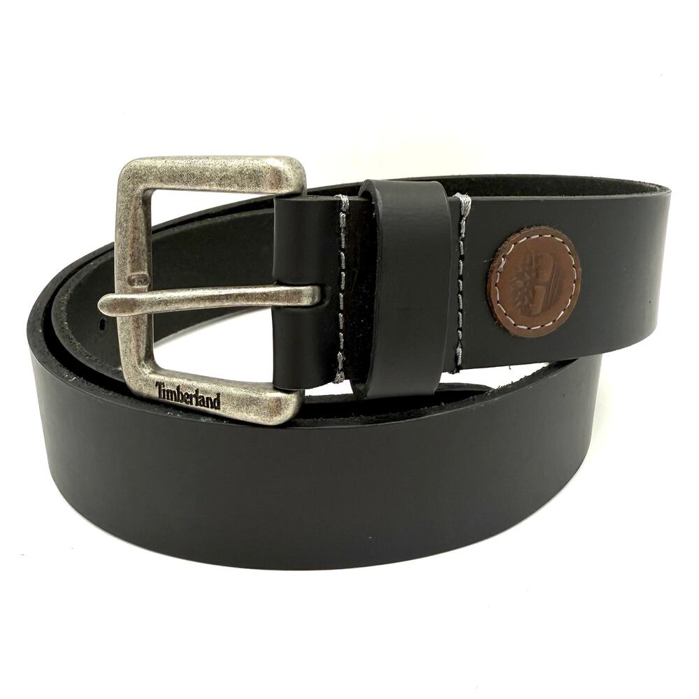 Timberland‎ Men's Black Leather Belt Size 36 Logo Patch Distressed Buckle